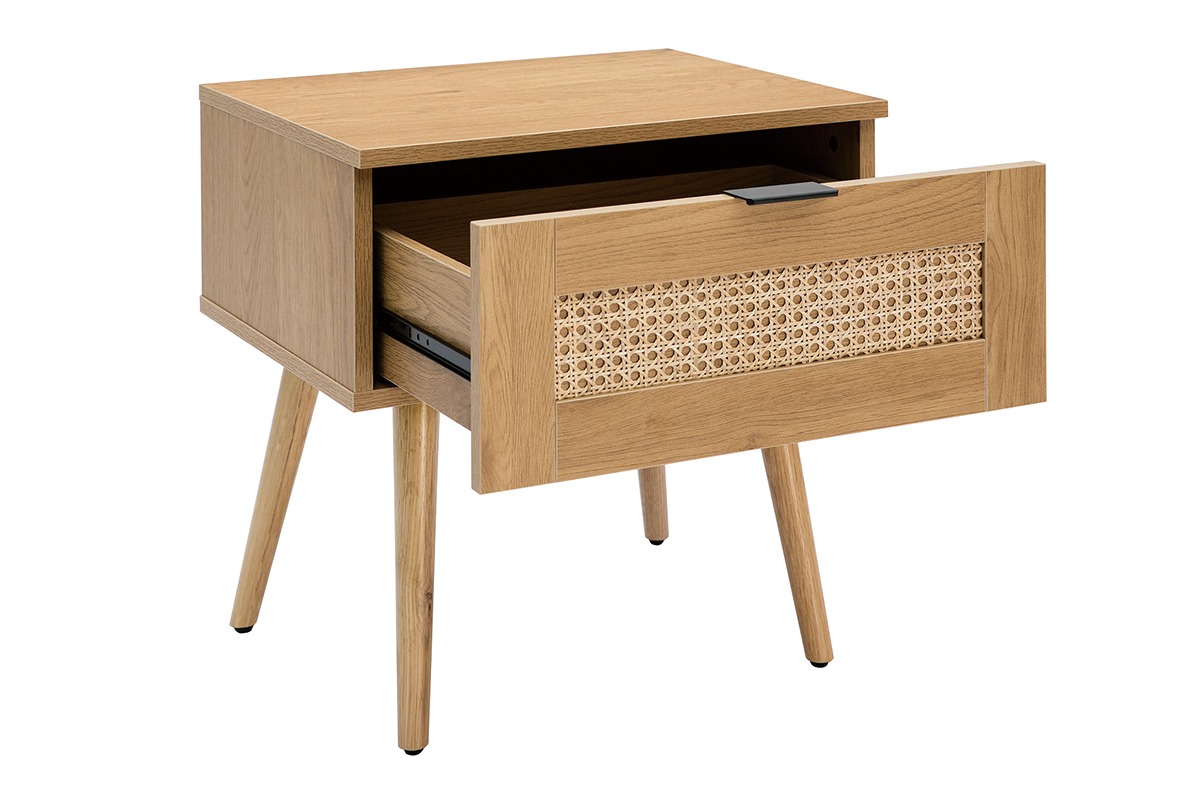 Table de chevet finition bois clair, cannage rotin et mtal noir MANILLE