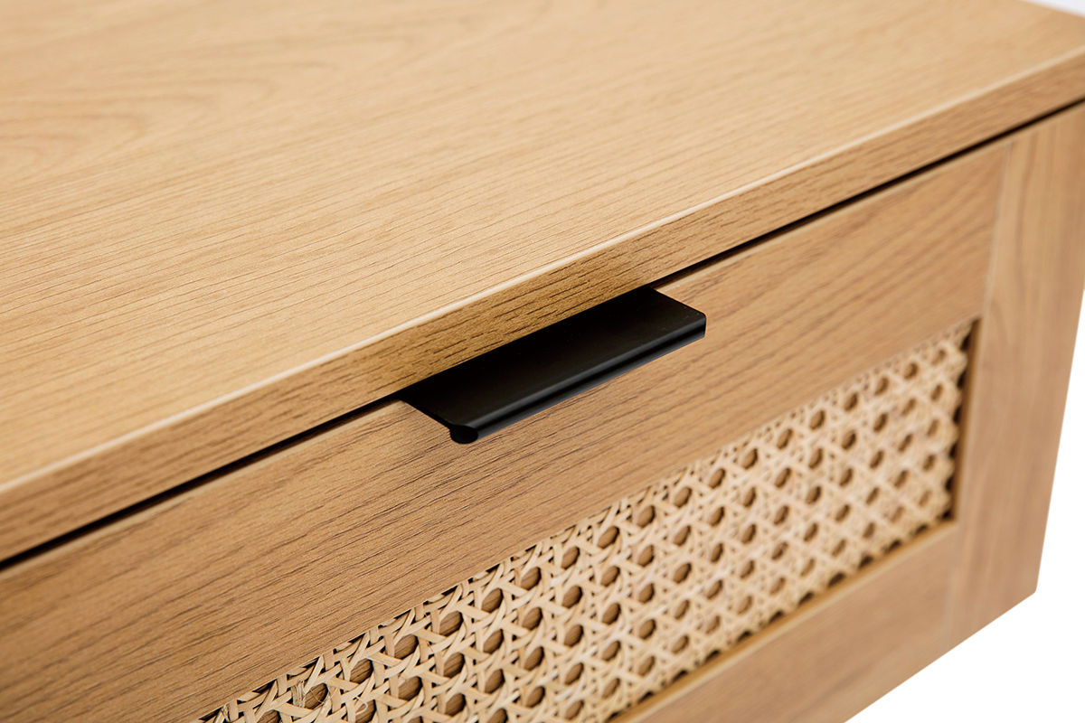 Table de chevet finition bois clair, cannage rotin et mtal noir MANILLE