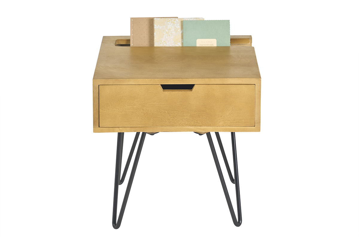 Table de chevet industrielle bois manguier massif et m�tal noir VIBES