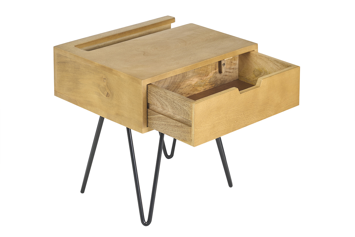 Table de chevet industrielle bois manguier massif et m�tal noir VIBES