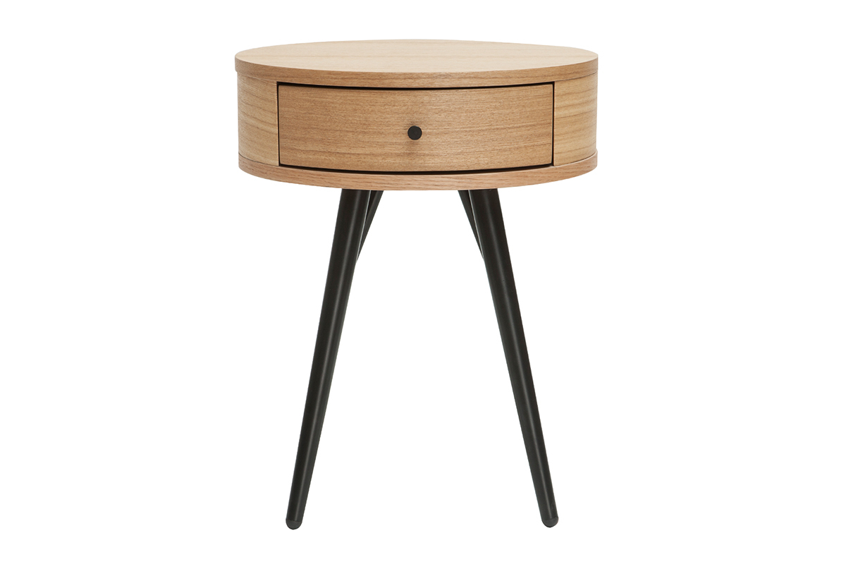 Table de chevet ronde avec tiroir bois clair et mtal noir KORAL