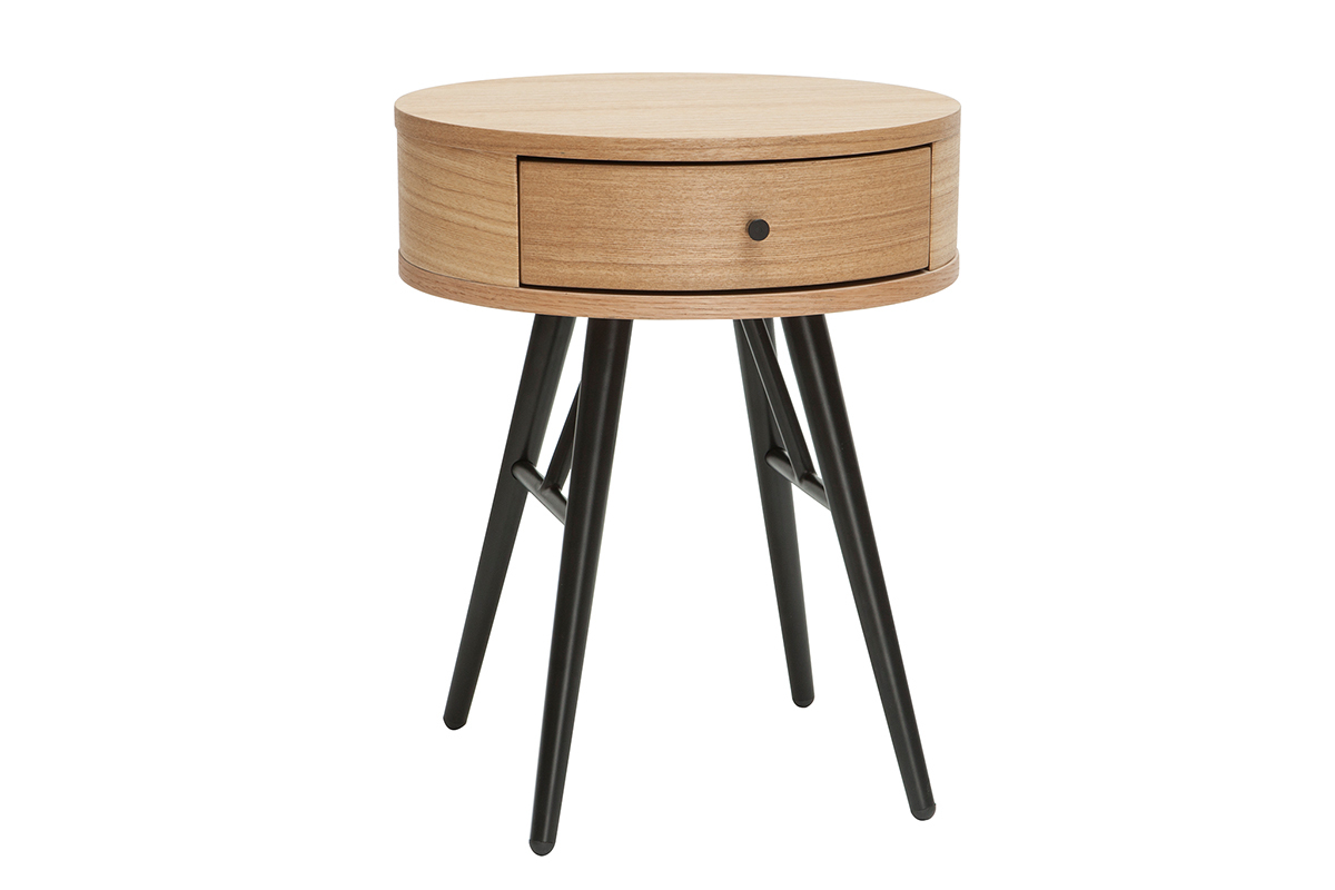 Table de chevet ronde avec tiroir bois clair et mtal noir KORAL
