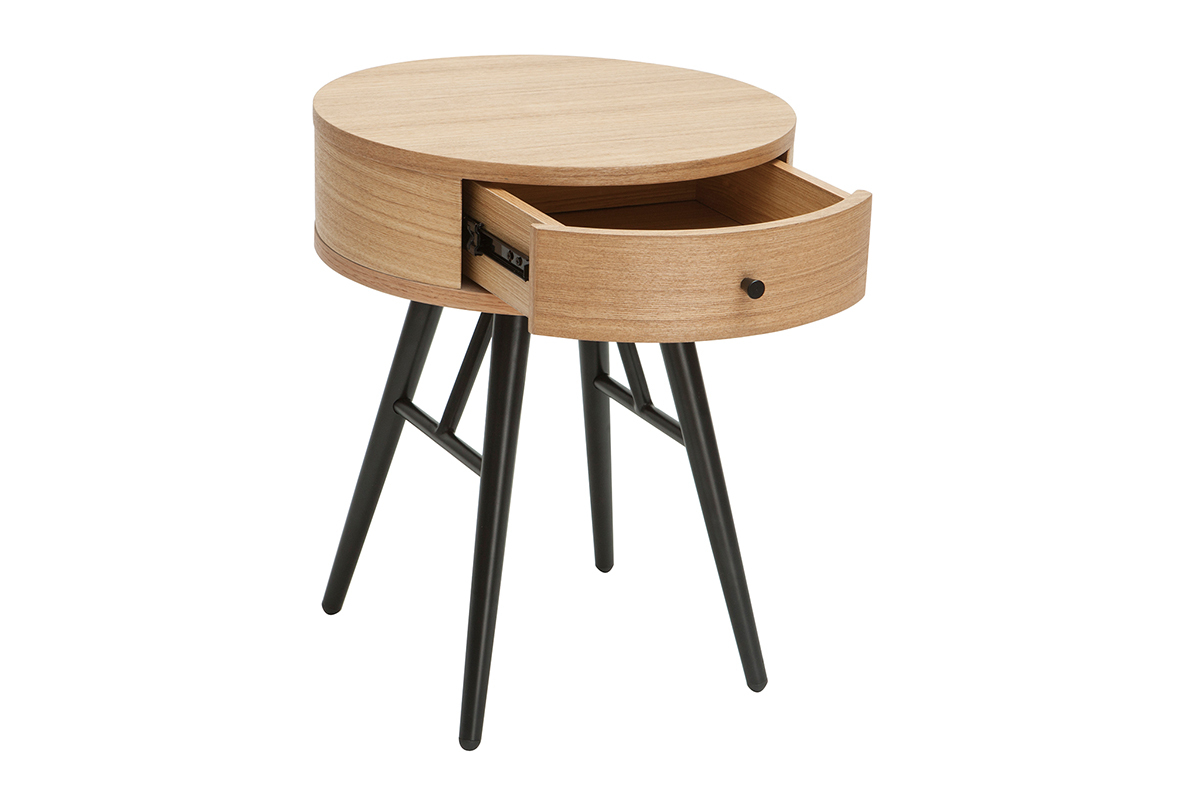 Table de chevet ronde avec tiroir bois clair et mtal noir KORAL