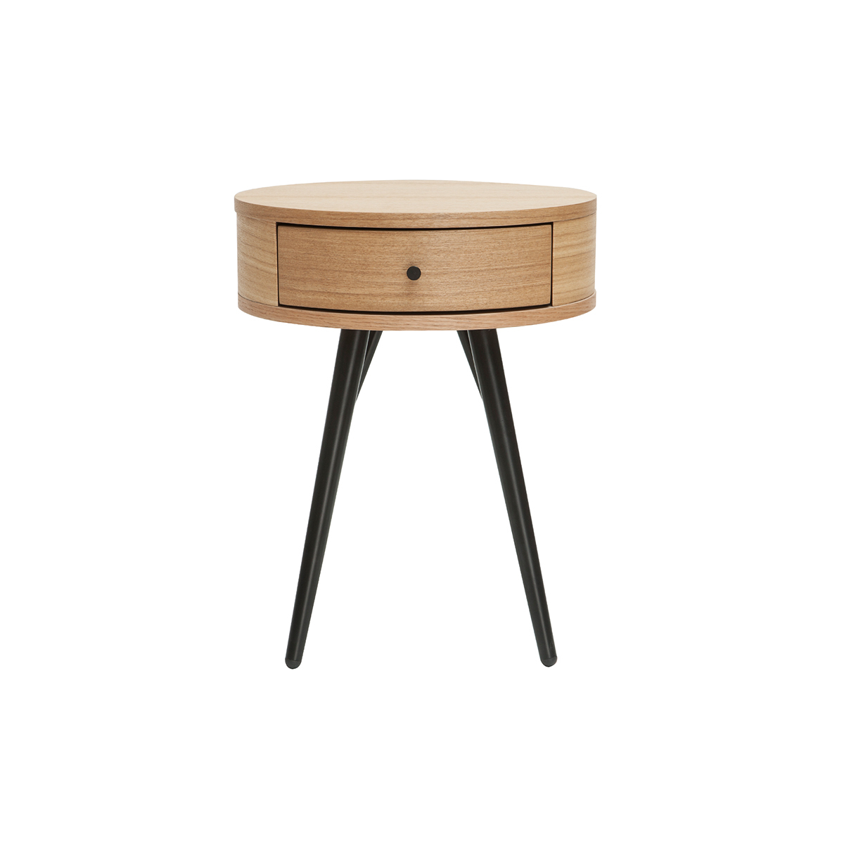 Table de chevet ronde avec tiroir bois clair et métal noir KORAL Table de chevet ronde avec tiroir bois clair et métal noir KORAL
