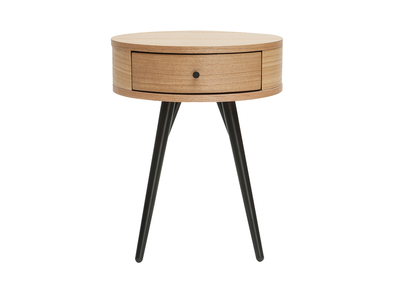 Table de chevet ronde avec tiroir bois clair et métal noir KORAL