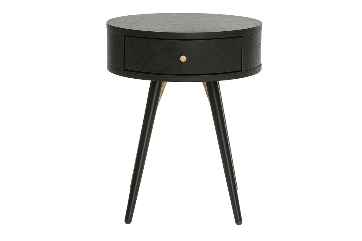 Table de chevet ronde avec tiroir bois et mtal noir KORAL
