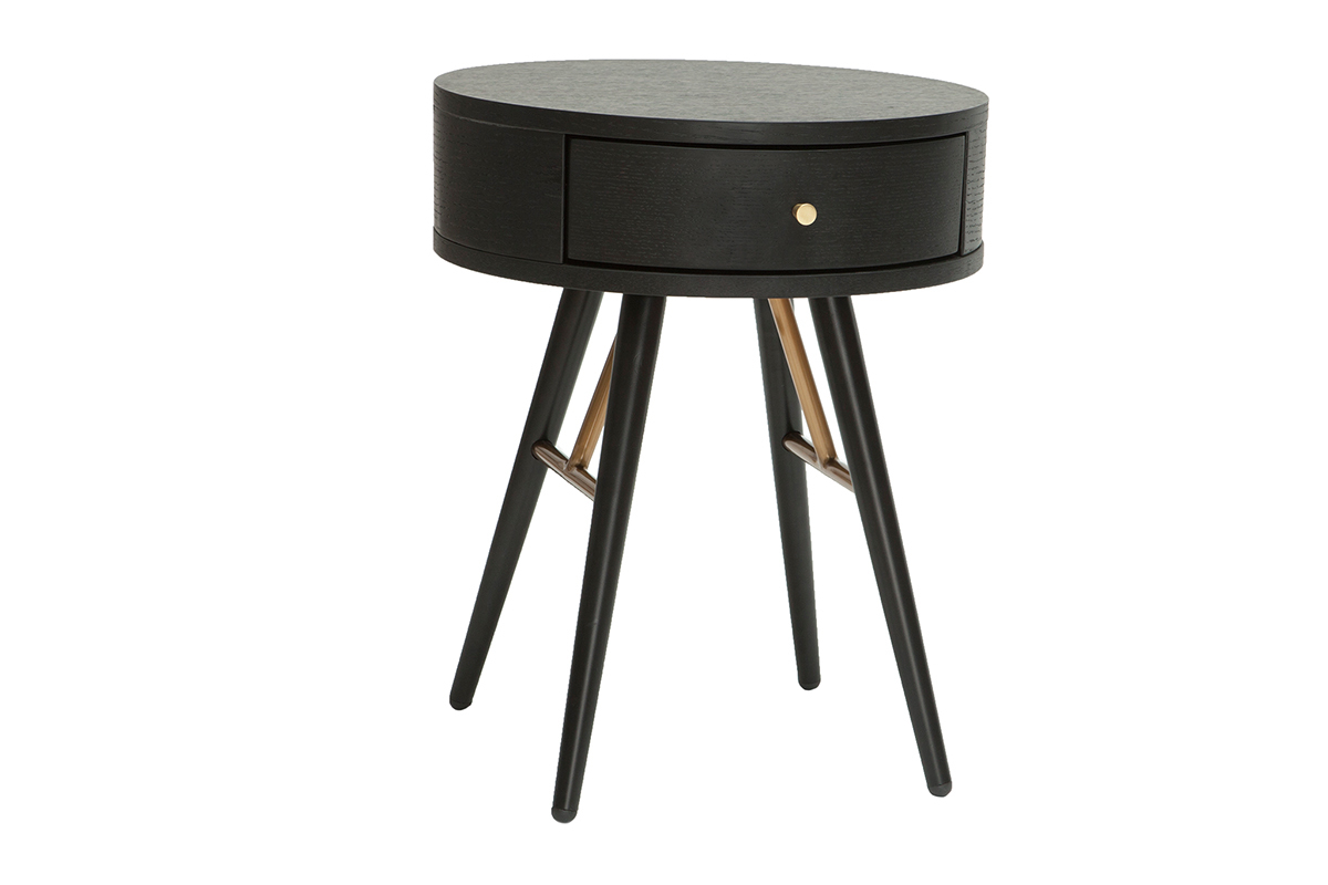 Table de chevet ronde avec tiroir bois et mtal noir KORAL
