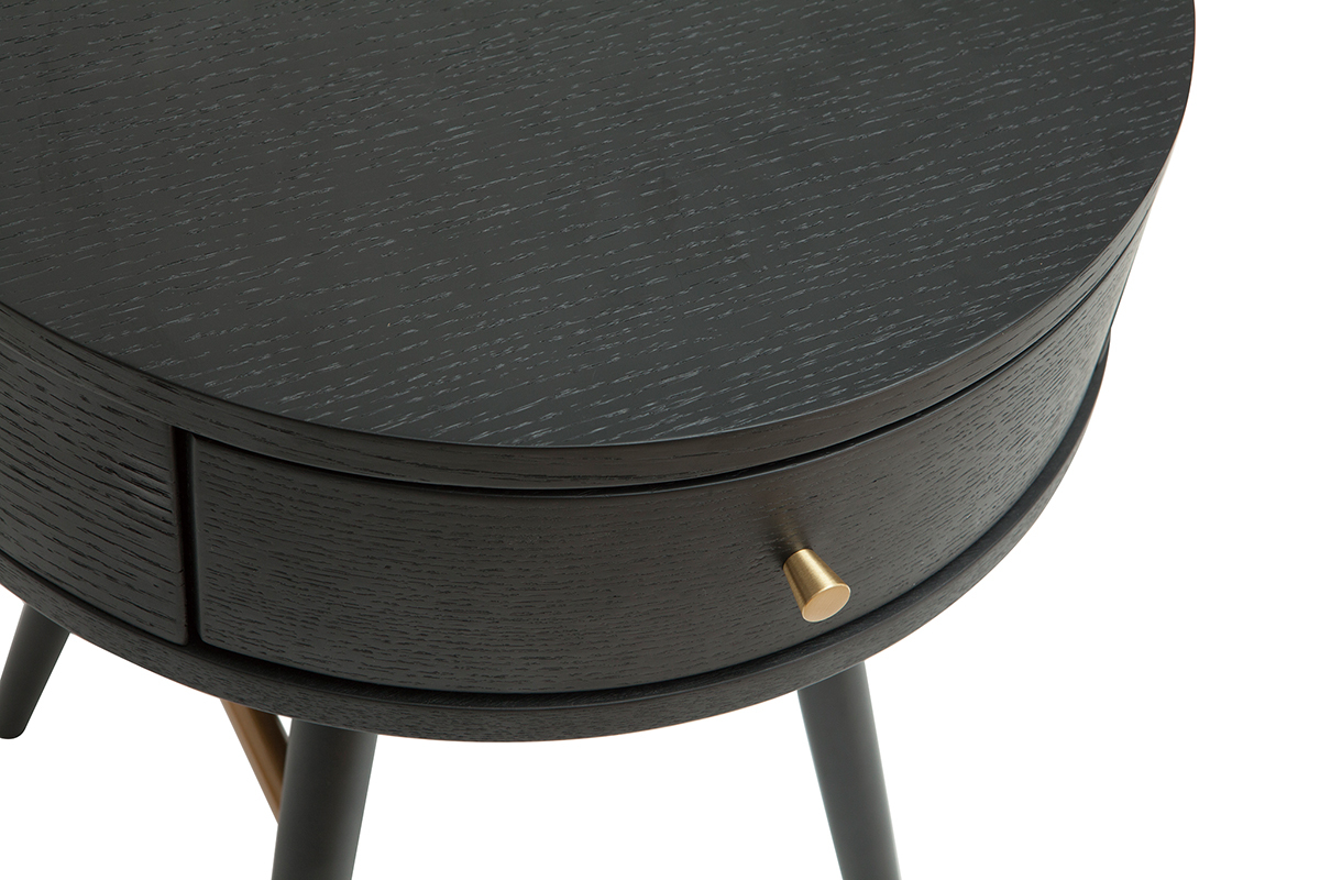 Table de chevet ronde avec tiroir bois et mtal noir KORAL
