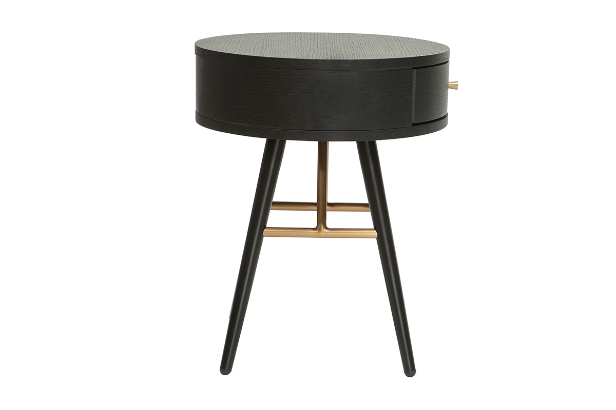 Table de chevet ronde avec tiroir bois et mtal noir KORAL
