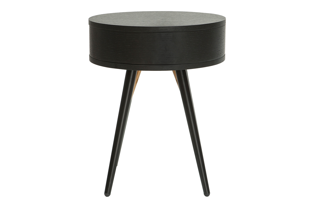 Table de chevet ronde avec tiroir bois et mtal noir KORAL