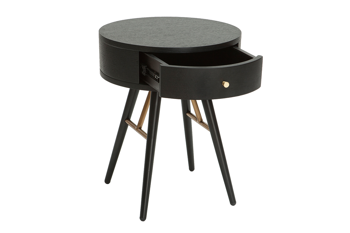 Table de chevet ronde avec tiroir bois et mtal noir KORAL