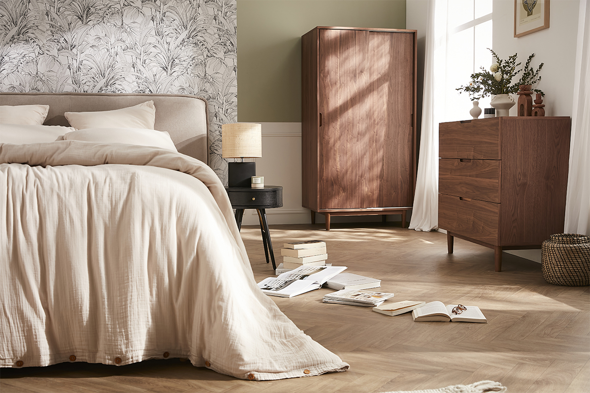 Table de chevet ronde avec tiroir bois et mtal noir KORAL