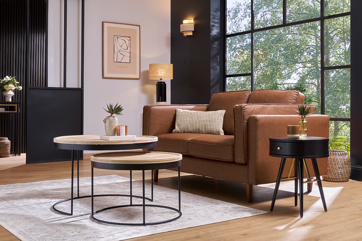 Table de chevet ronde avec tiroir bois et mtal noir KORAL