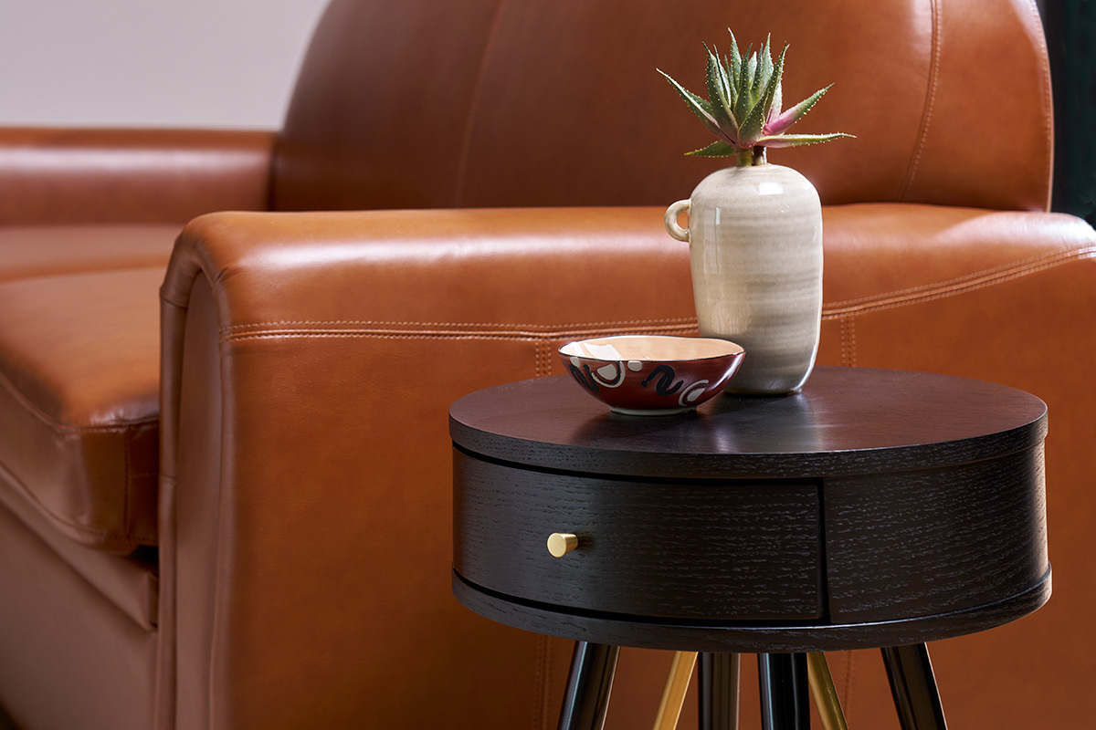 Table de chevet ronde avec tiroir bois et mtal noir KORAL