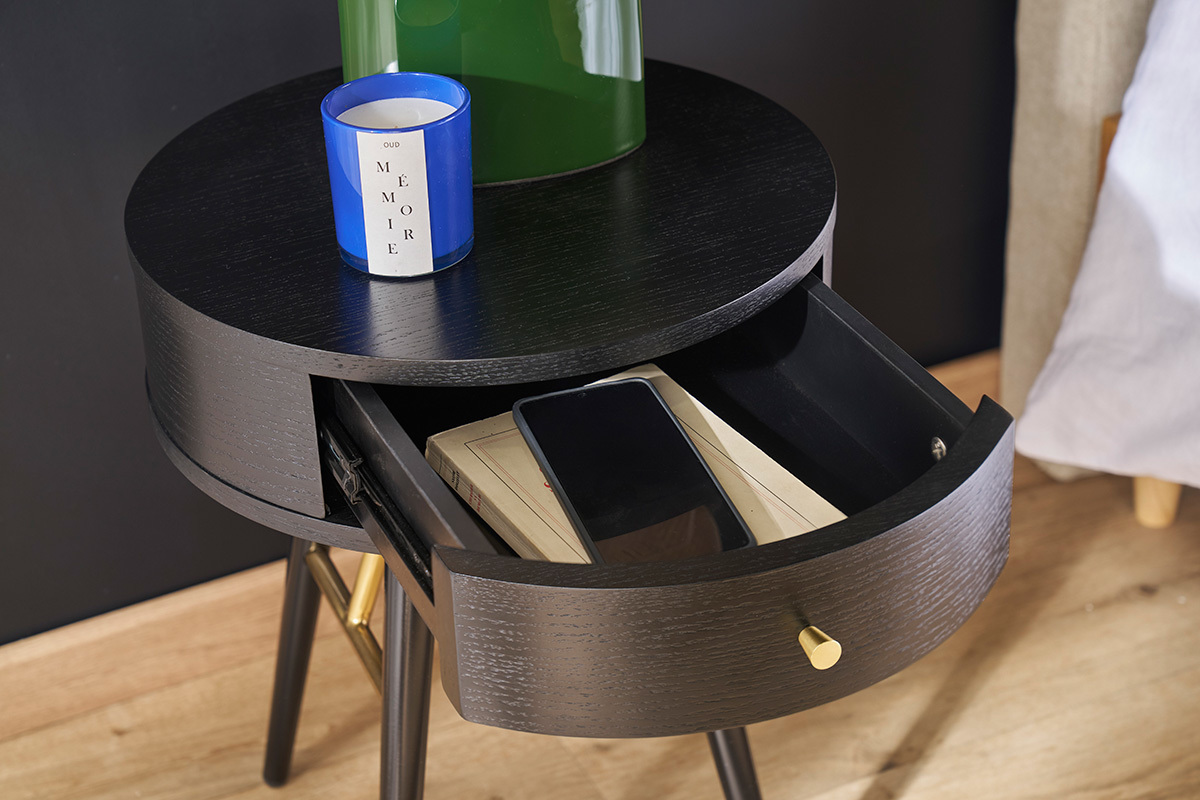 Table de chevet ronde avec tiroir bois et mtal noir KORAL