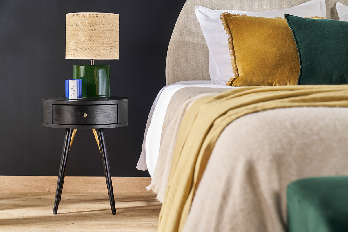 Table de chevet ronde avec tiroir bois et mtal noir KORAL