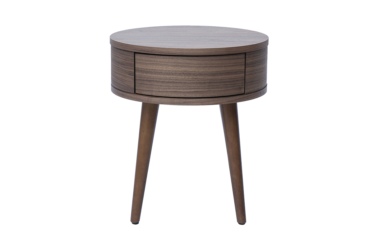 Table de chevet ronde en bois fonc� avec tiroir, vue de face.