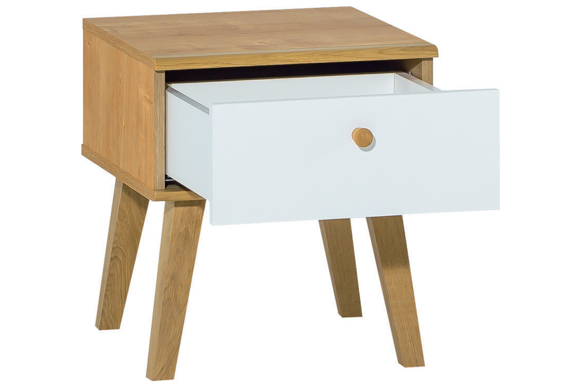 Table de chevet scandinave avec tiroir blanc et bois clair ch�ne MAHE
