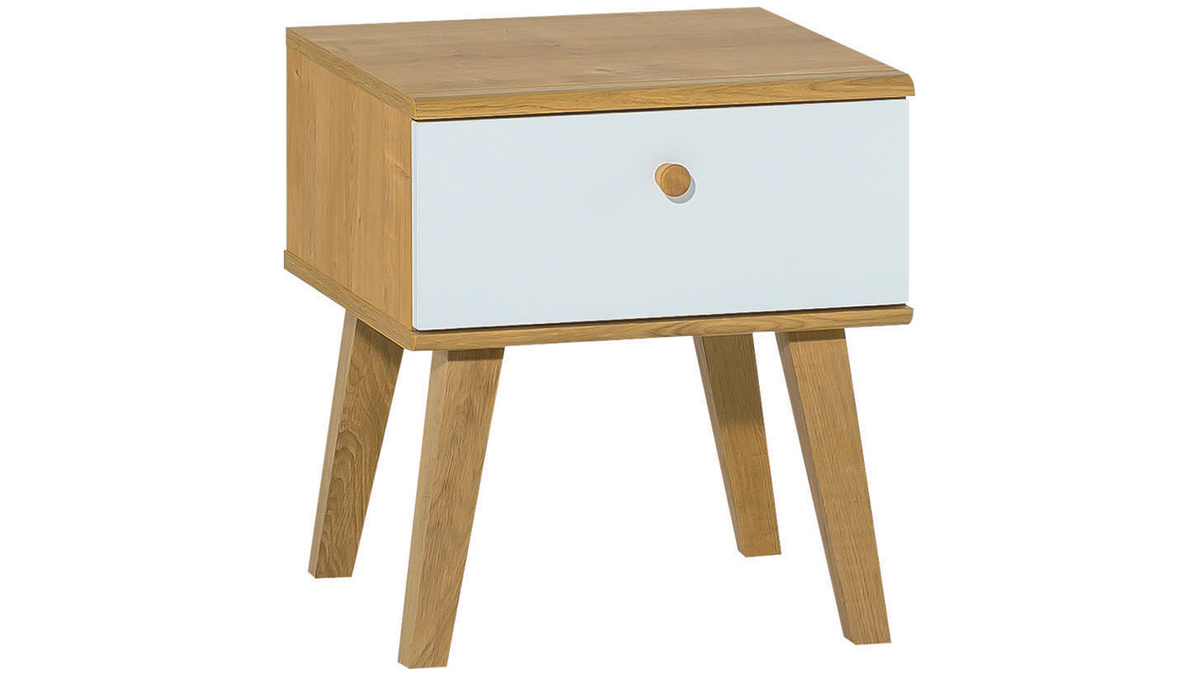 Table de chevet scandinave avec tiroir blanc et bois clair chêne MAHE