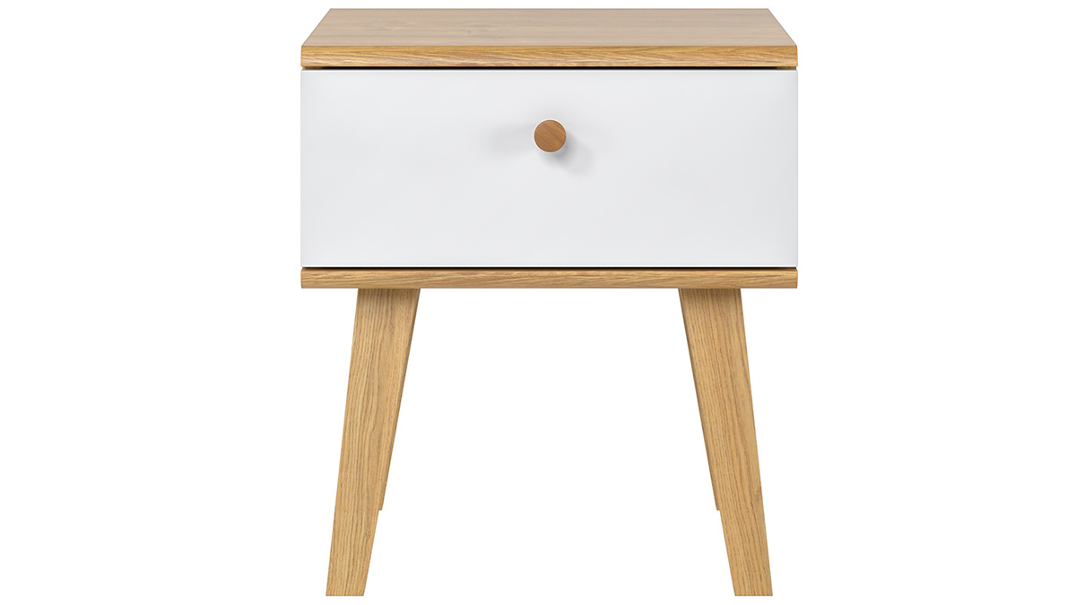 Table de chevet scandinave avec tiroir blanc et bois clair chêne MAHE