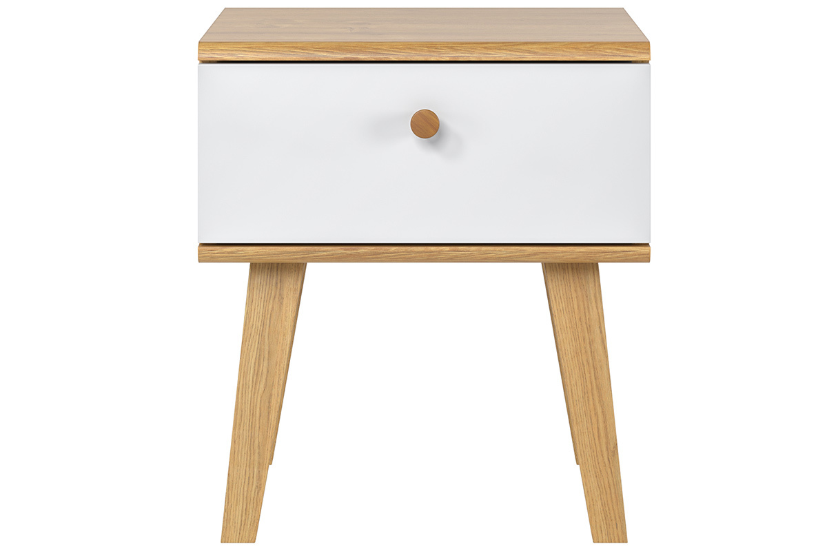 Table de chevet scandinave avec tiroir blanc et bois clair ch�ne MAHE