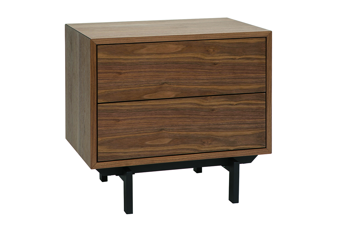 Table de chevet vintage bois fonc noyer et mtal, vue de 3/4, avec deux tiroirs.