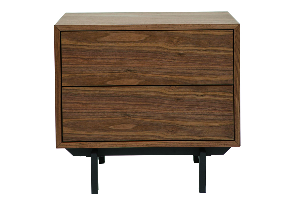 Table de chevet vintage en bois fonc noyer avec deux tiroirs, vue de face.