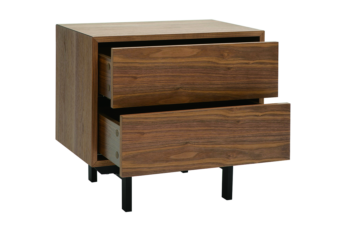 Table de chevet vintage en bois fonc avec deux tiroirs ouverts et pieds en mtal noir, vue de 3/4.