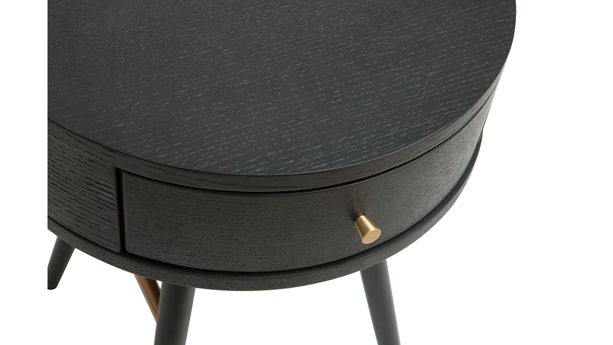 Table de chevet vintage ronde en bois et métal noir détails dorés KORAL