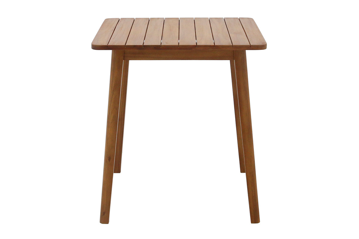 Table de jardin carr�e en bois massif, vue de face, lattes visibles.