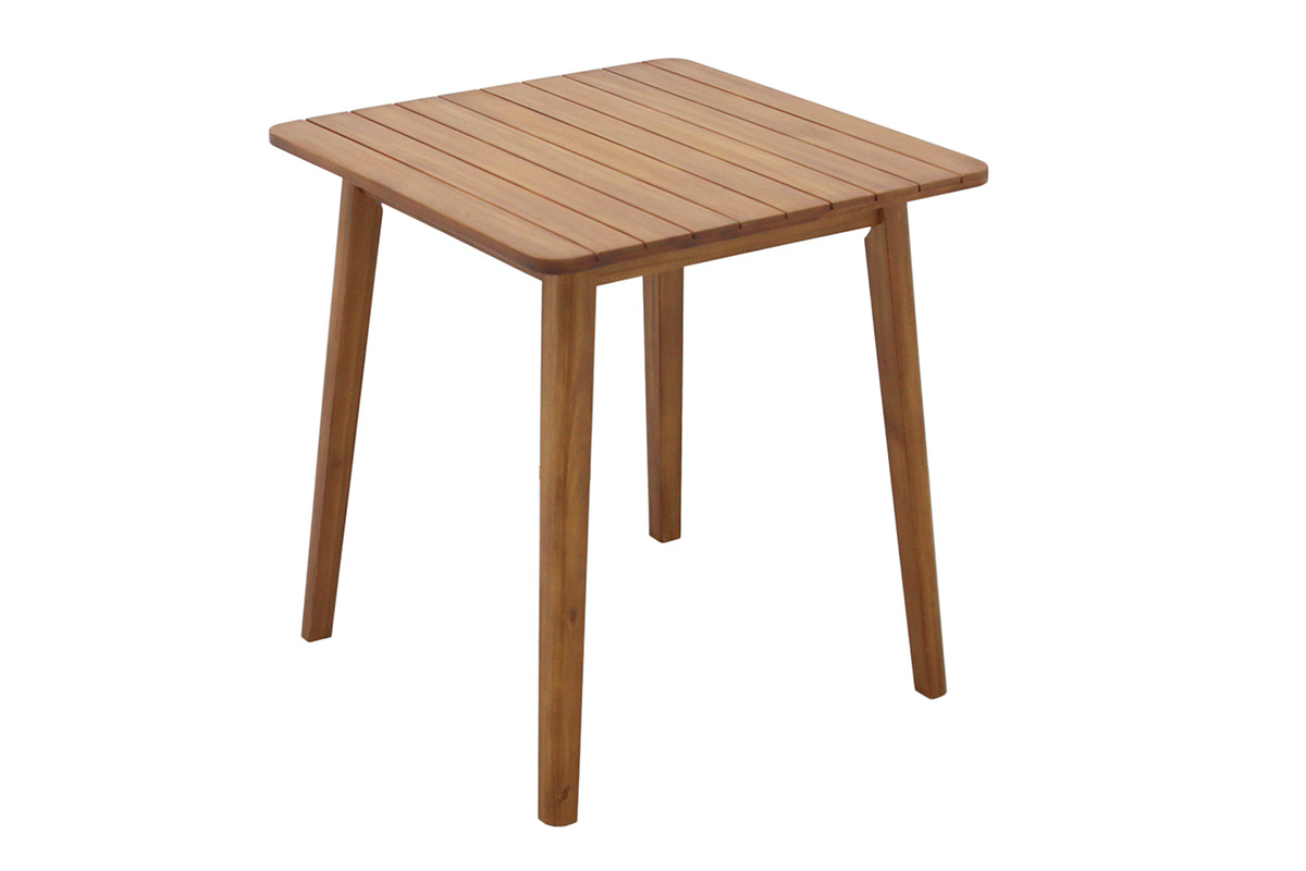 Table de jardin carr�e en acacia massif, vue de 3/4, plateau � lattes.