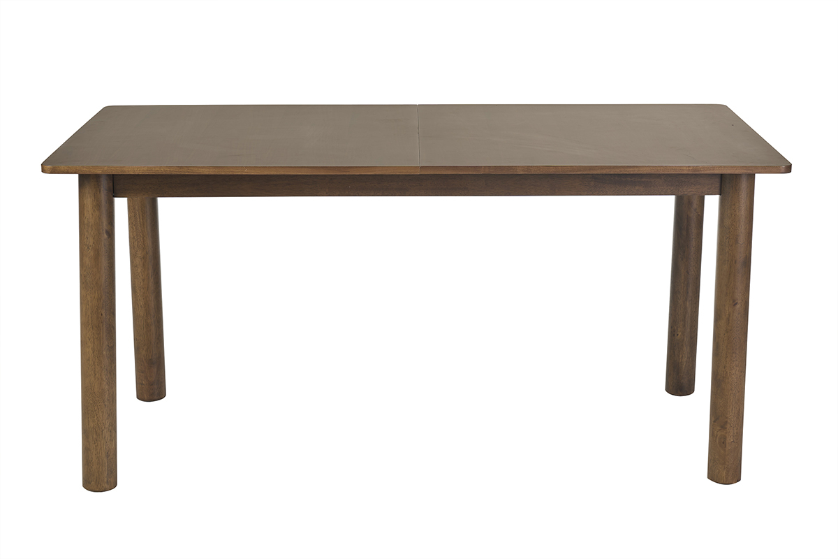 Table extensible rectangulaire en bois fonc� noyer, vue de face, dimensions L160-210 cm.