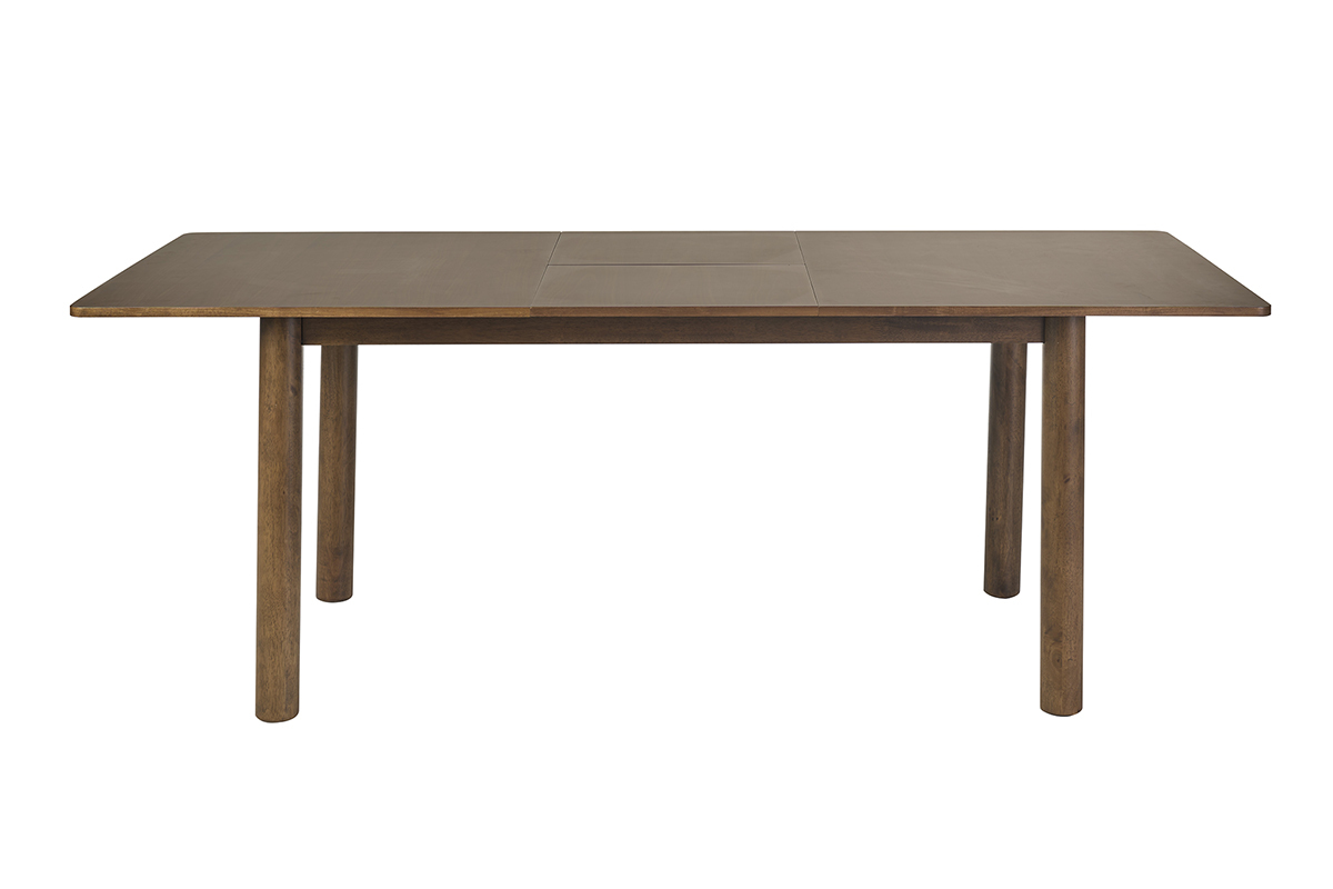 Table rectangulaire extensible en bois fonc� noyer, vue de face, longueur 160-210 cm, pieds cylindriques.