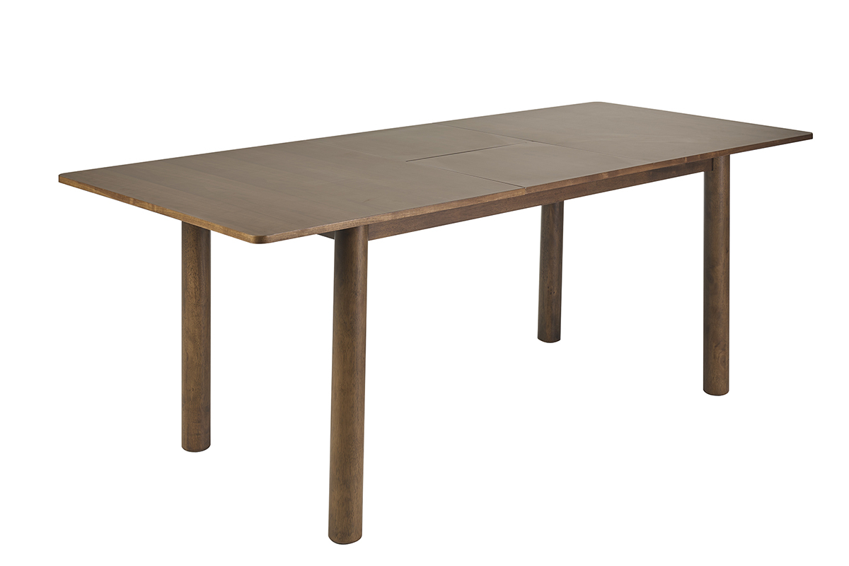 Table extensible rectangulaire en bois fonc� noyer, vue de trois quarts, rallonge int�gr�e visible.