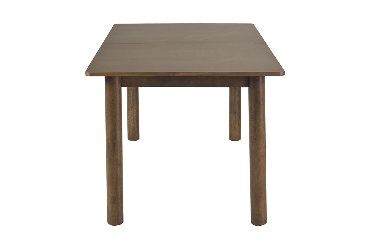 Table extensible rectangulaire en bois fonc� noyer, vue de profil avec rallonges int�gr�es.