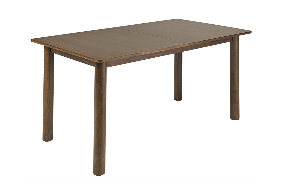Table extensible rectangulaire en bois fonc�, vue de 3/4, dimensions L160-210 cm, pieds cylindriques.