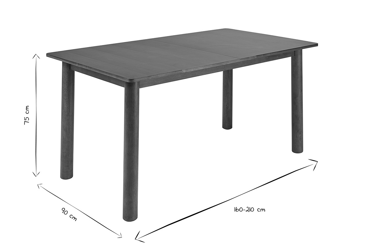 Dimensions de la table extensible CLAUDIE en noir et blanc, 160-210 cm L, 90 cm l, 75 cm h