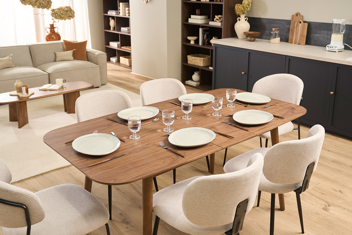 Table extensible rallonges int�gr�es rectangulaire en bois fonc� noyer L140-170 cm ANK