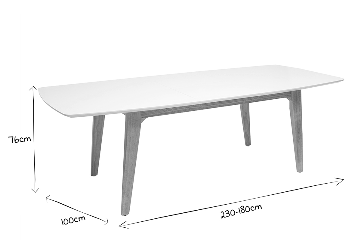 Table extensible rallonges intgres rectangulaire finition bois blanc et hva massif L180-230 cm FIFTIES