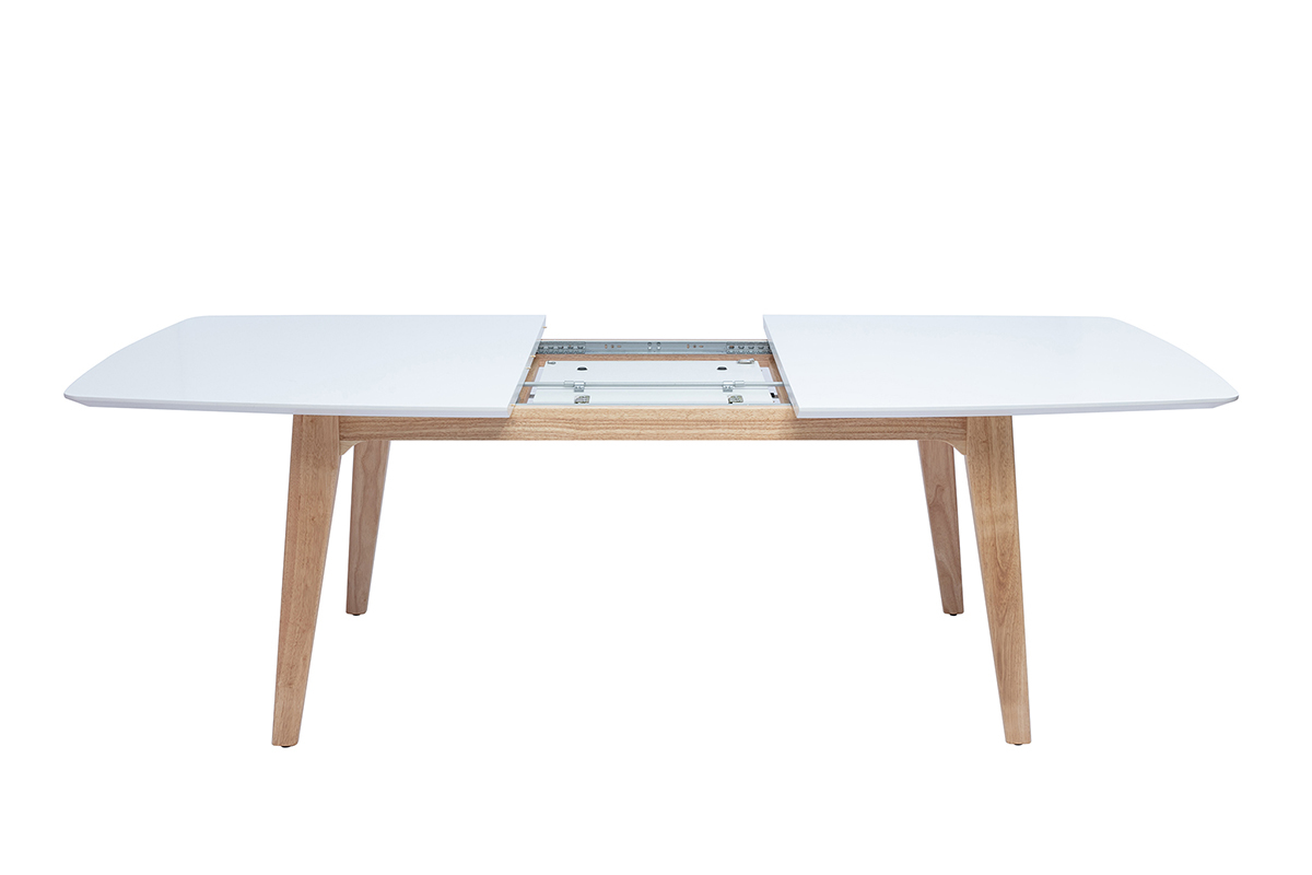 Table extensible rallonges intgres rectangulaire finition bois blanc et hva massif L180-230 cm FIFTIES