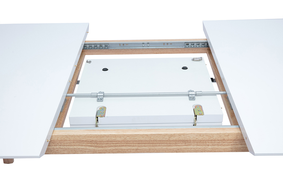 Table extensible rallonges intgres rectangulaire finition bois blanc et hva massif L180-230 cm FIFTIES
