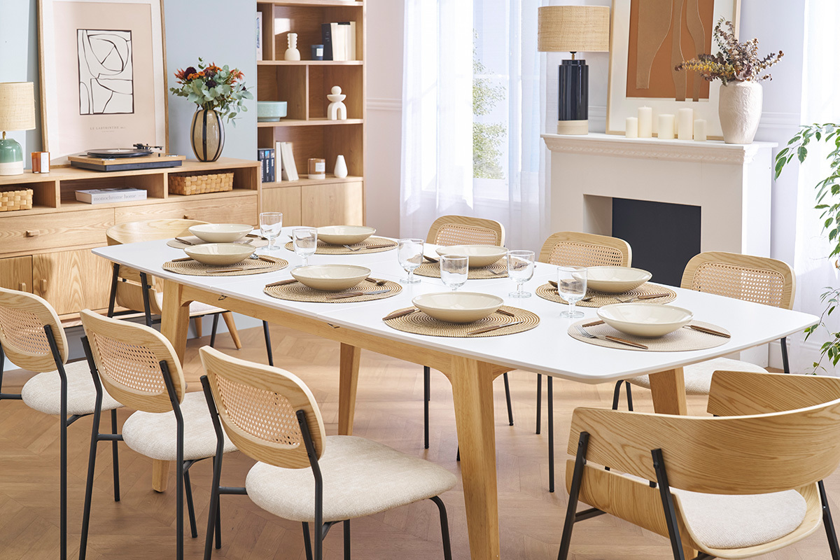 Table extensible rallonges intgres rectangulaire finition bois blanc et hva massif L180-230 cm FIFTIES