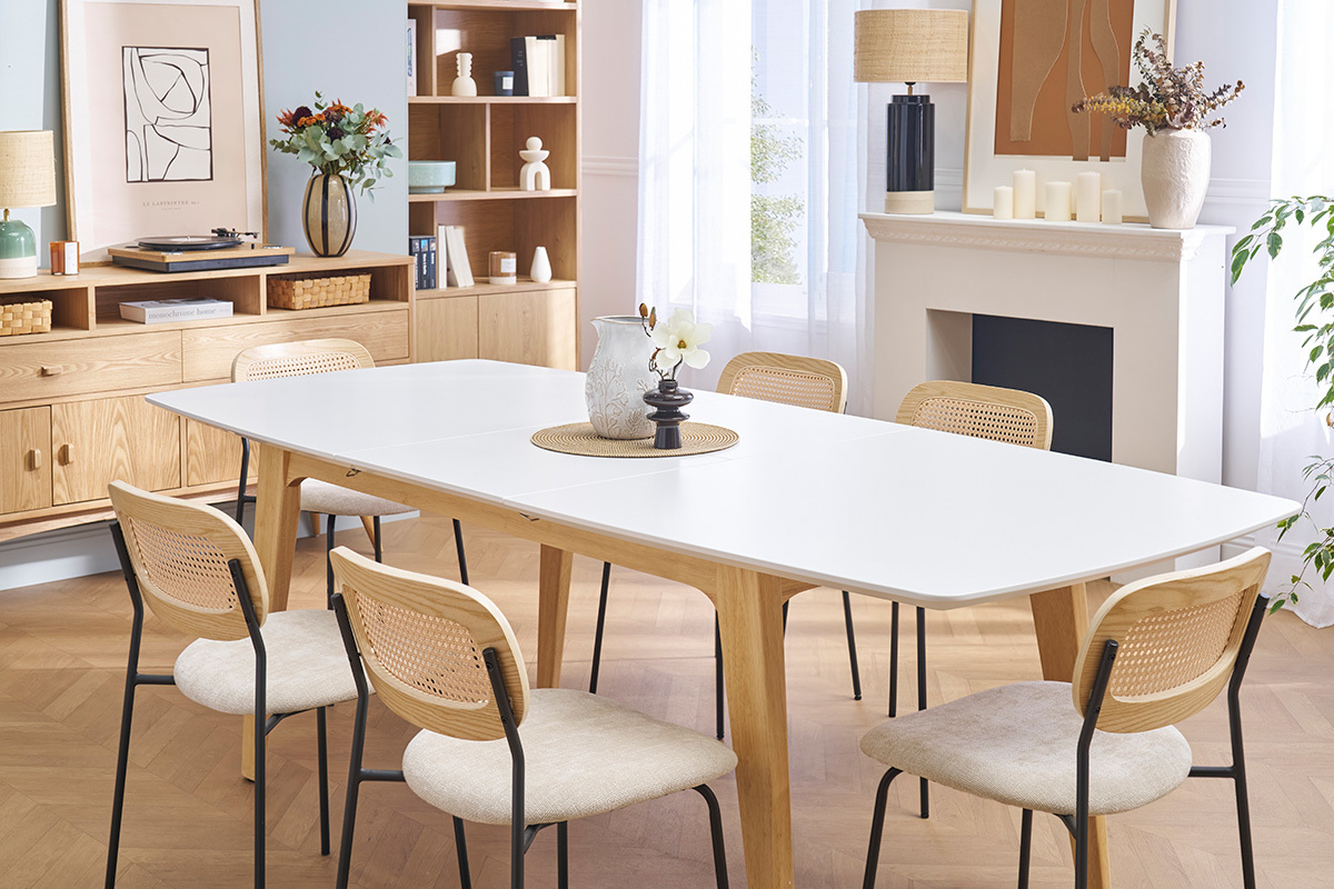 Table extensible rallonges intgres rectangulaire finition bois blanc et hva massif L180-230 cm FIFTIES