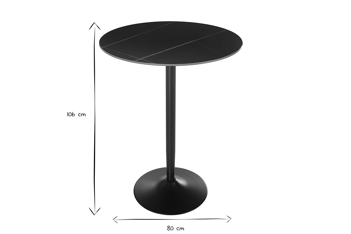 Table ronde en c�ramique noire et m�tal, dimensions 80 cm x 106 cm, vue de c�t�, noir et blanc.