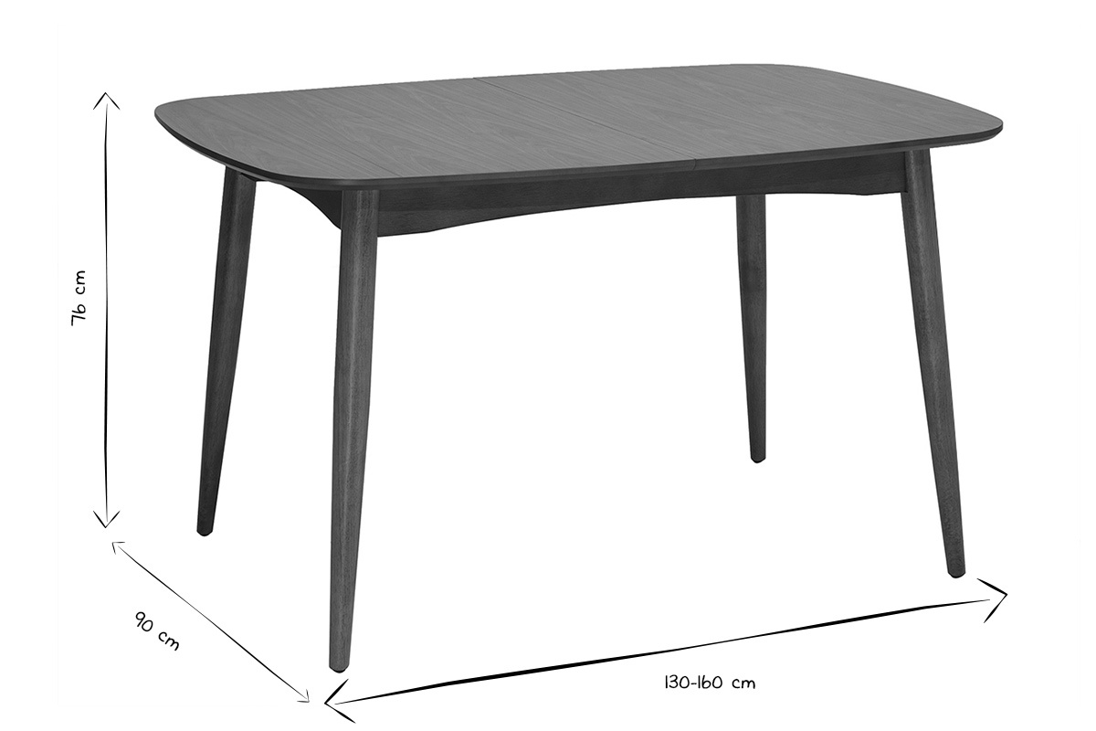 Dimensions de la table � manger extensible HELMA en noir et blanc : L130-160 cm, P90 cm, H76 cm.