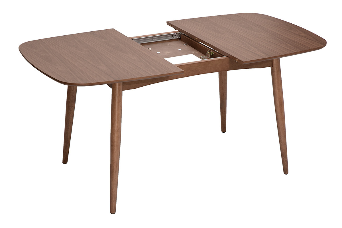 Table � manger rectangulaire extensible en bois fonc� noyer, vue de trois quarts avec rallonge ouverte