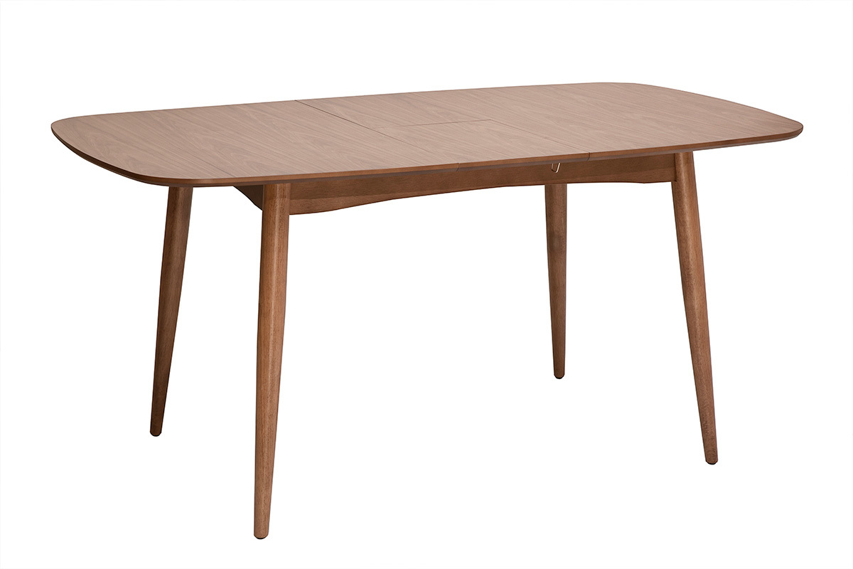 Table � manger rectangulaire extensible en bois fonc� noyer, vue de trois quarts.