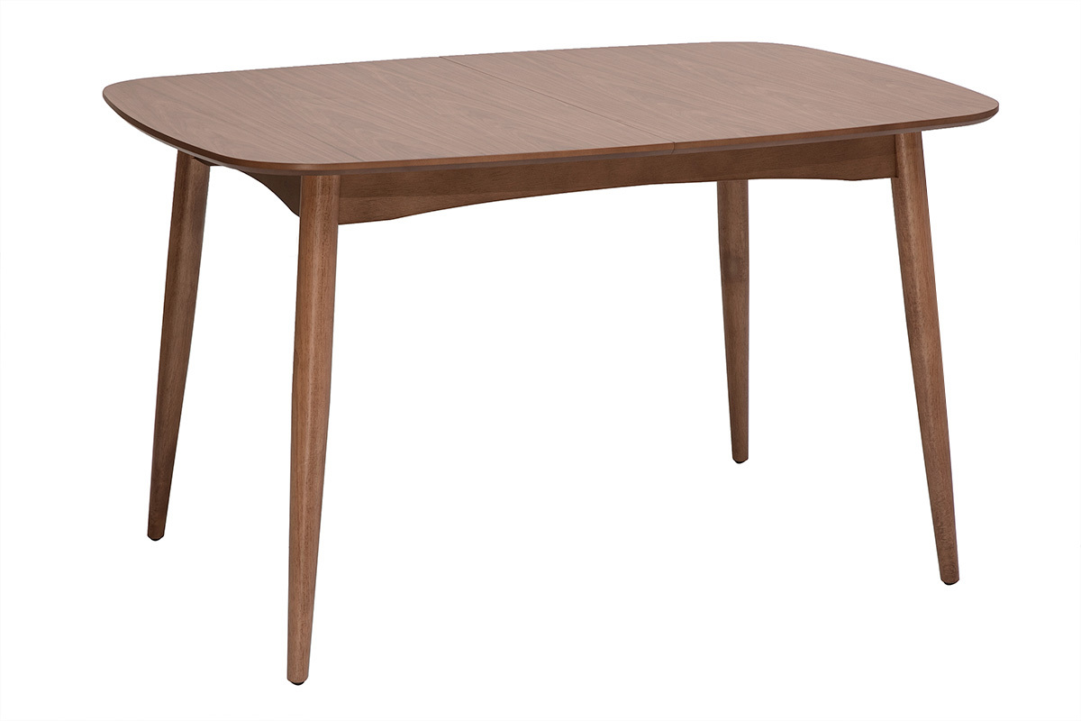 Table � manger rectangulaire extensible en bois fonc� noyer, vue de c�t�, dimensions L130-160 cm.