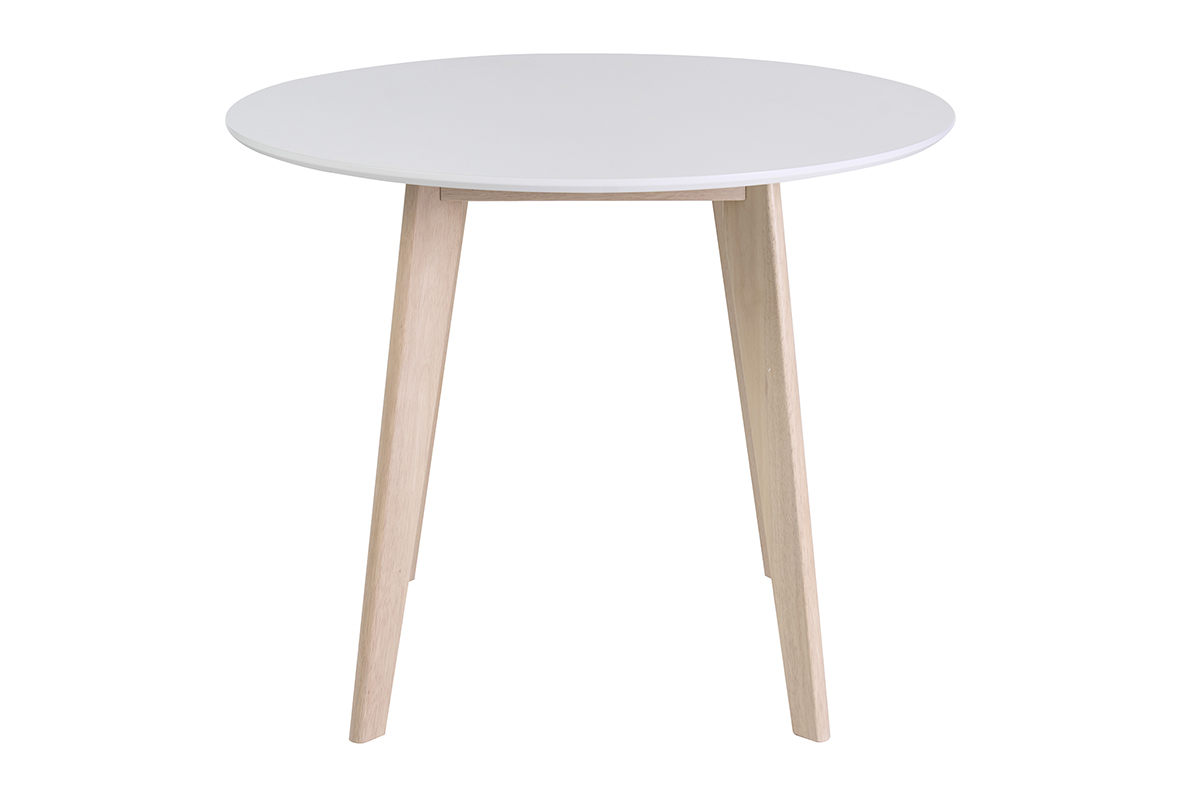 Table ronde scandinave en bois d'h�v�a et plateau blanc, vue de face