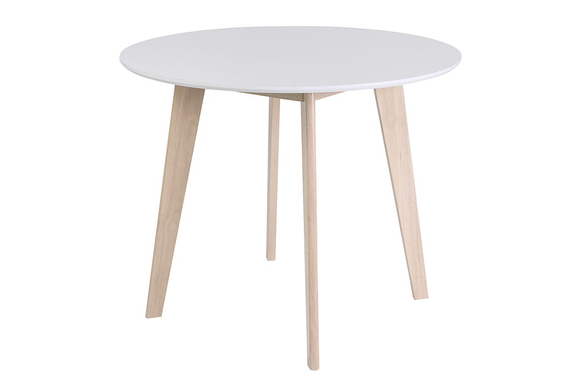 Table scandinave ronde blanche avec pieds en bois, D100 cm, vue de 3/4